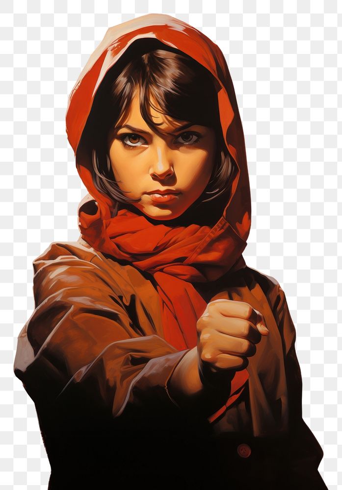 PNG  A brave little Muslim girl aggresive eyes look at camera rise her fist art portrait painting. AI generated Image by…
