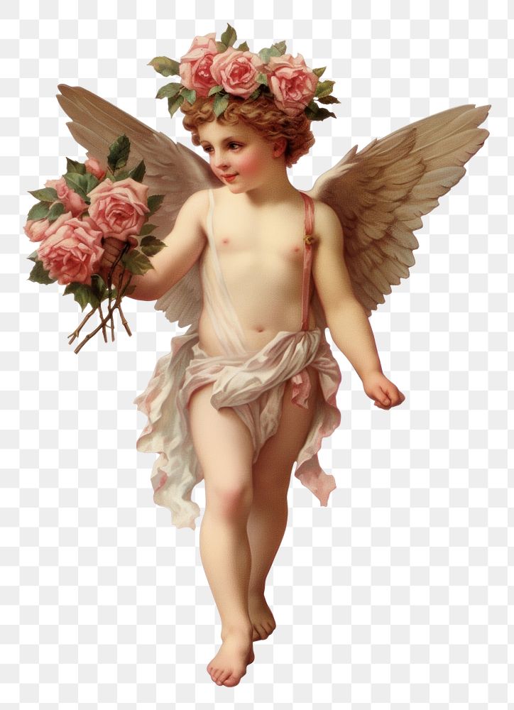 PNG  Cupid wearing a crown of roses holding a rose bouquet isolated on clear white background flower angel plant.