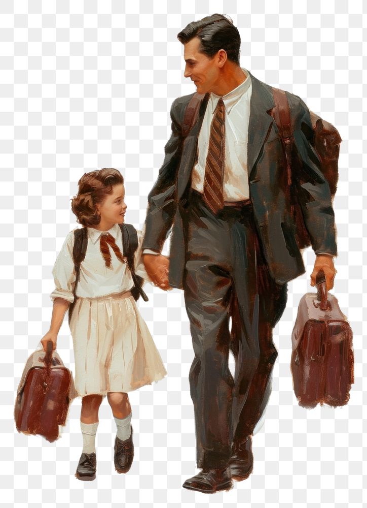 PNG  A father and school kid walking together briefcase handbag adult.