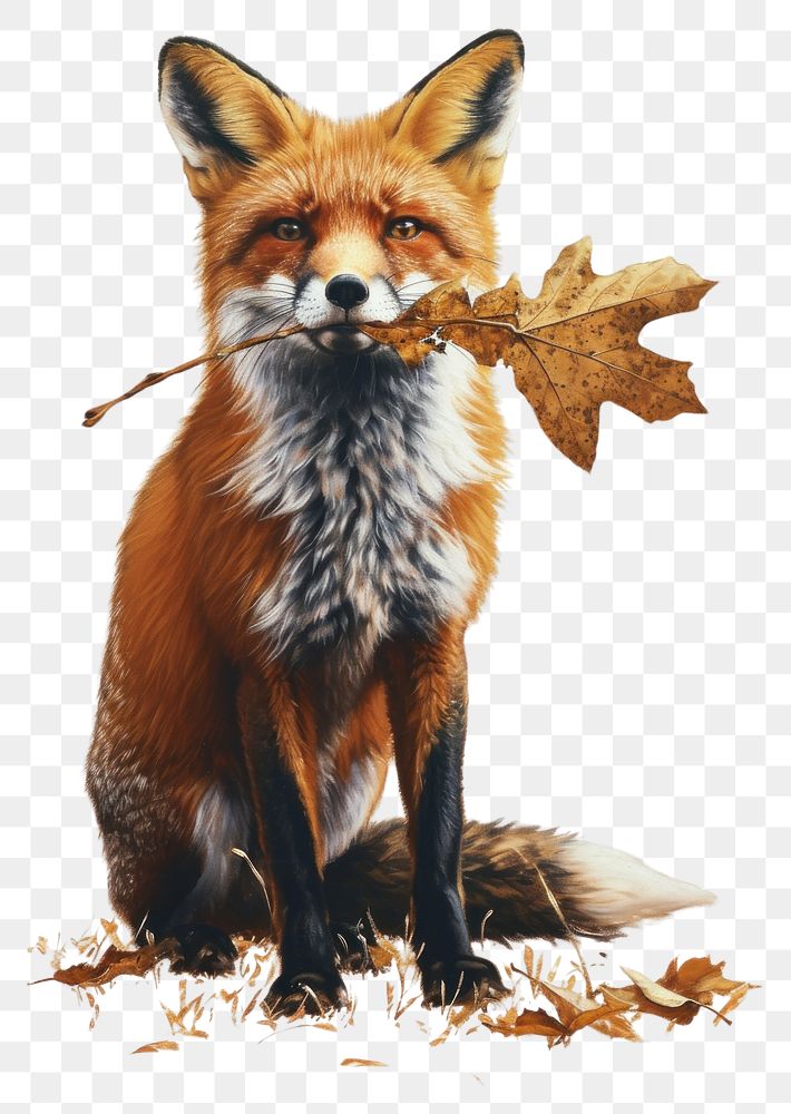 PNG  A fox holding an dry autumn leaf brance in its mouth wildlife animal mammal.