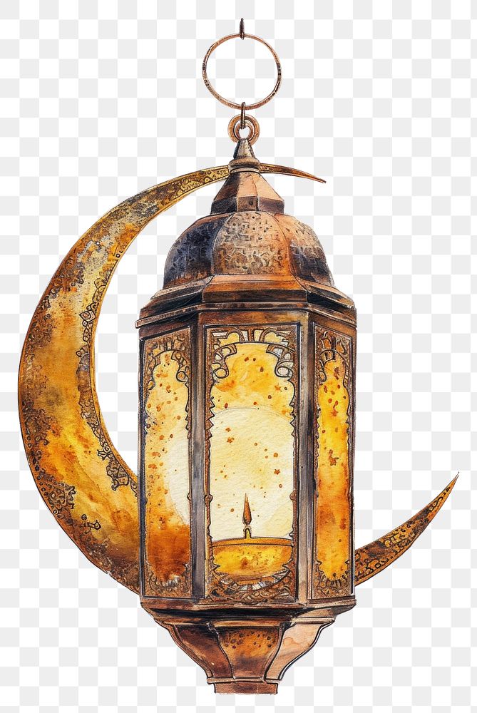 PNG  A Golden ramadan Lantern with Moon Crescent behind lantern lamp white background.