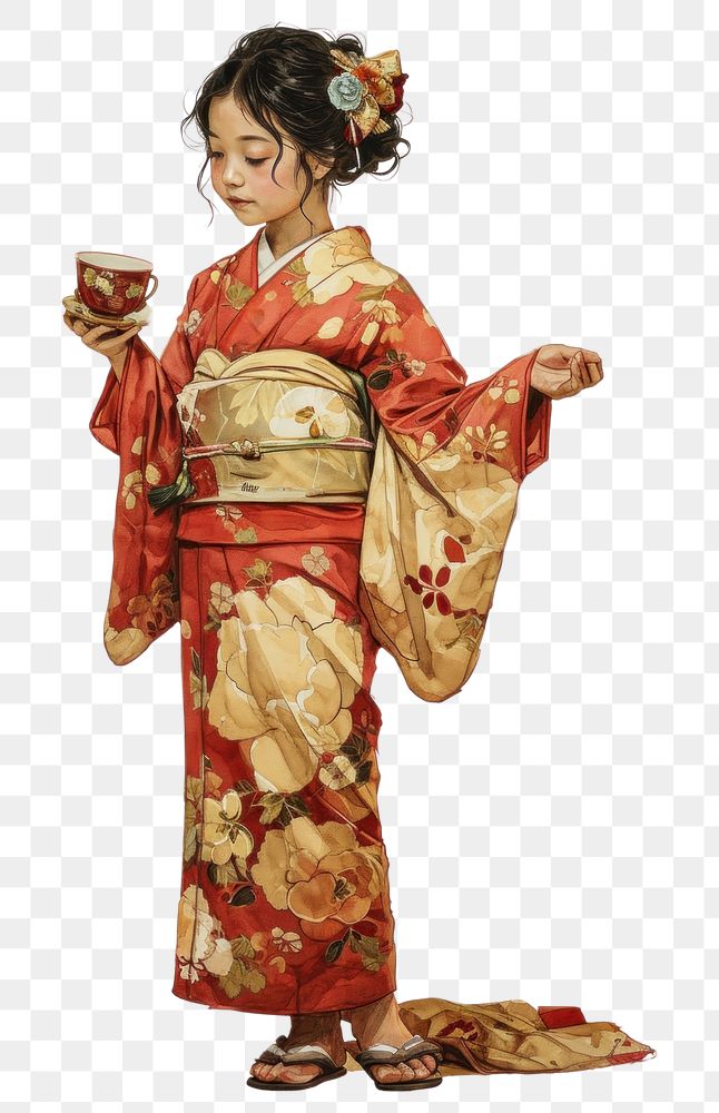PNG  A japanese girl in gimono holding a vintage tea cup isolated on clear white background painting drawing kimono.