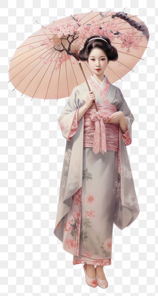PNG  A japanese girl in gimono holding a sakura brance isolated on clear white background fashion kimono dress.
