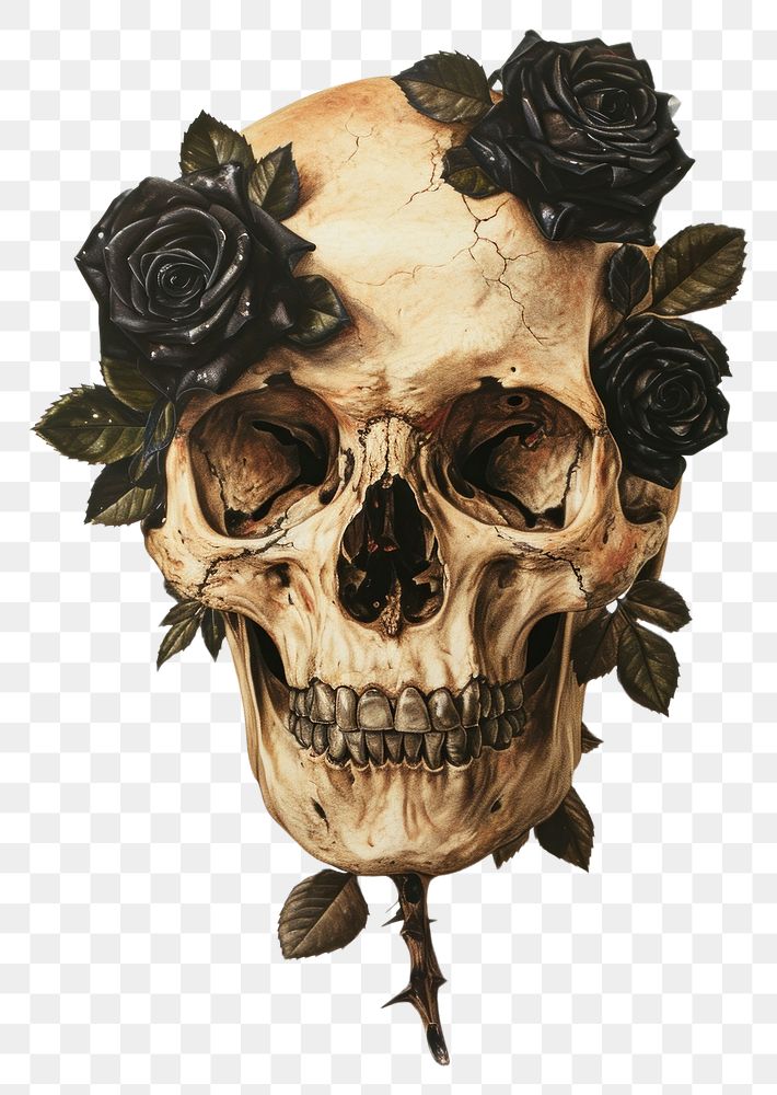 PNG  A japanese Skull with black roses painting art drawing.