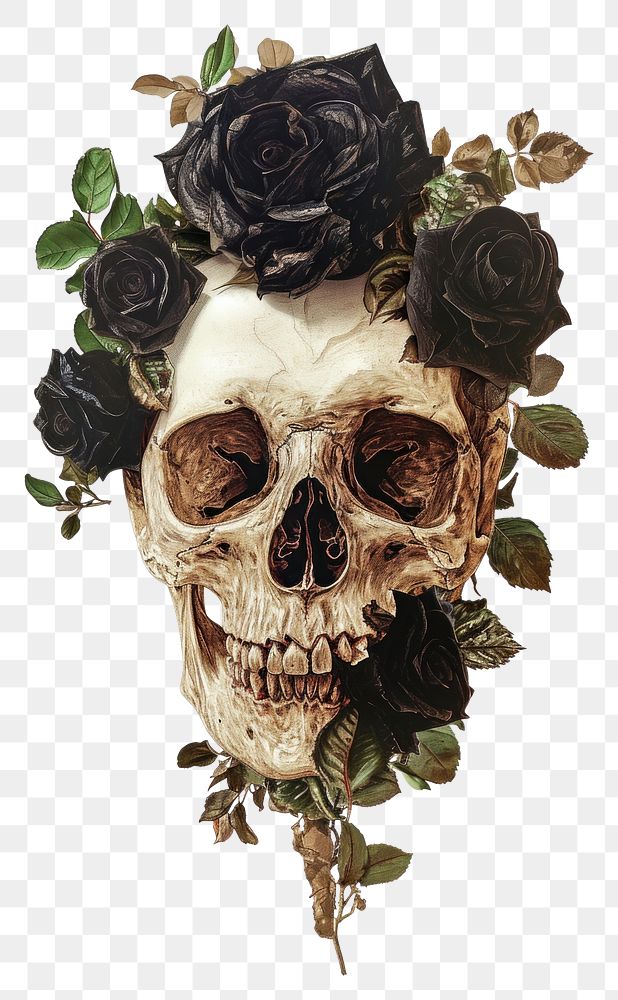 PNG  A japanese Skull with black roses art flower plant.