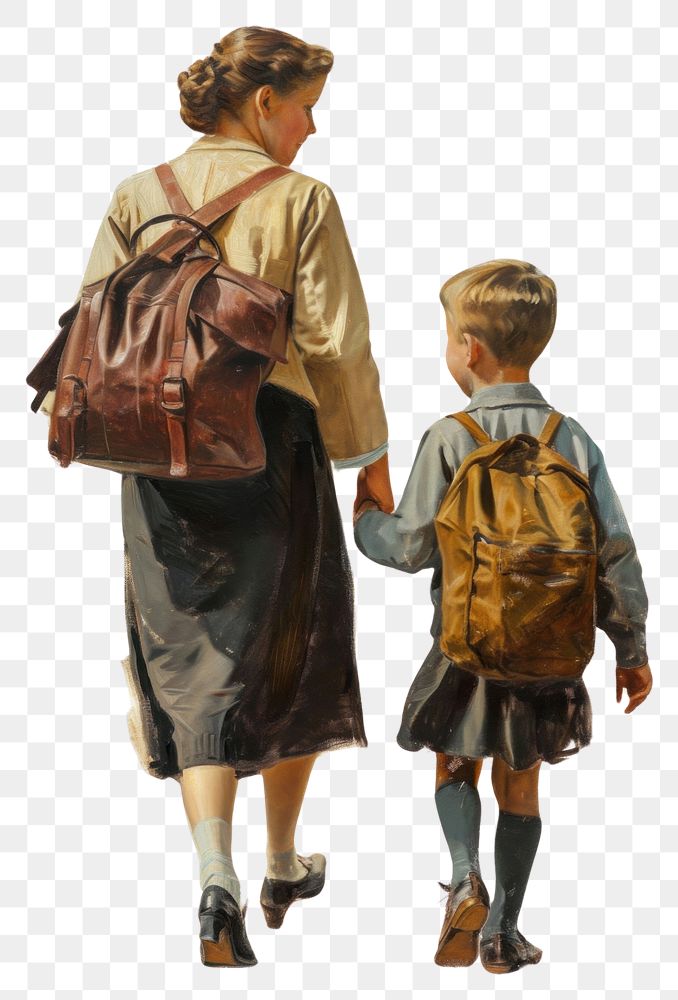 PNG  A mother and school kid walking together backpack footwear painting.