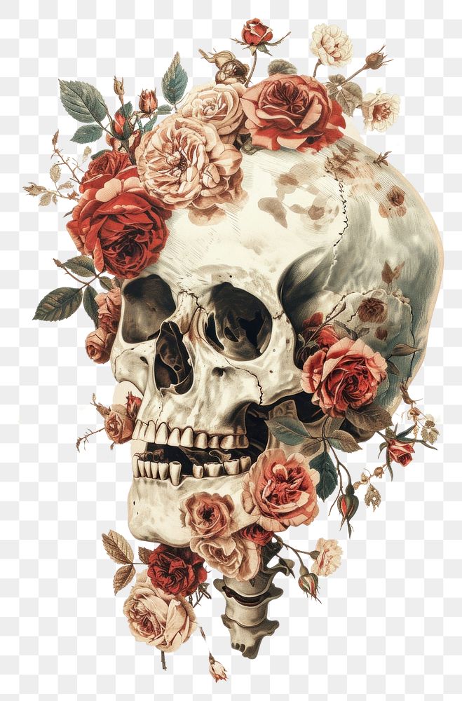 PNG  A Skull with roses painting art pattern.
