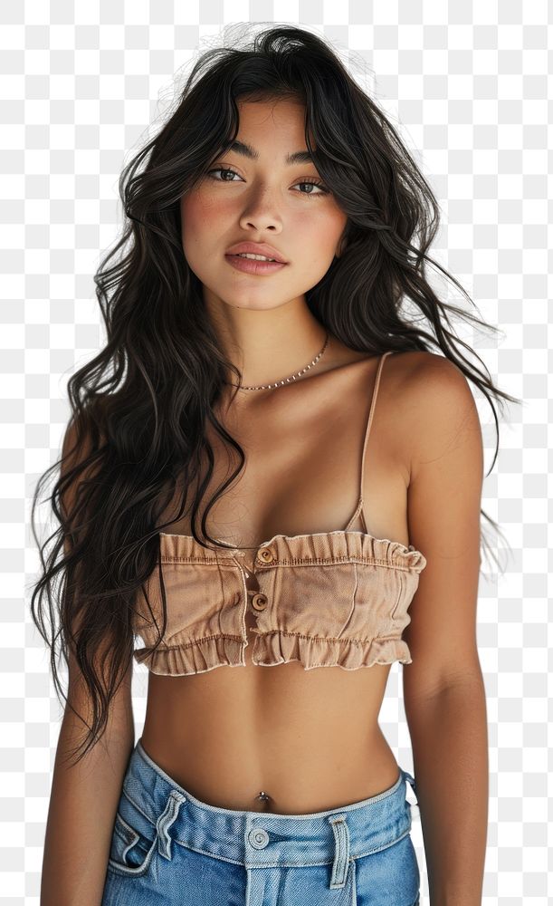 PNG  A young Latina Peruvian woman stands poised in a crop top underwear lingerie portrait.