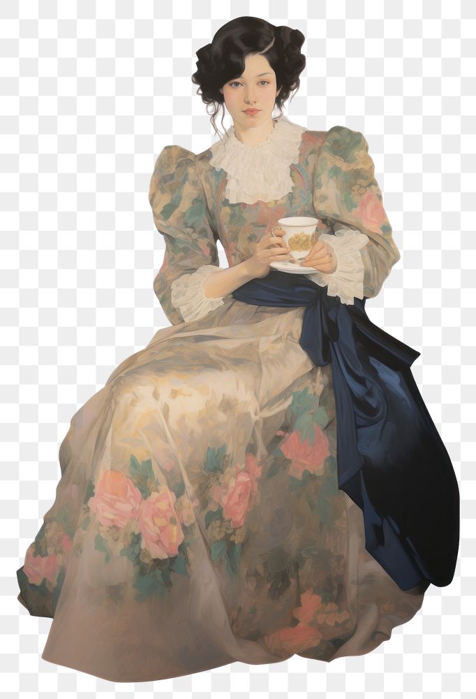 PNG Japanese woman in kimono holding a tea cup painting fashion dress.