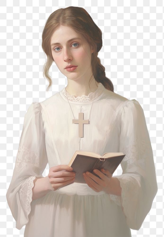PNG A Christian girl in a white dress holding a Christ cross necklace and a Bible book portrait painting adult.