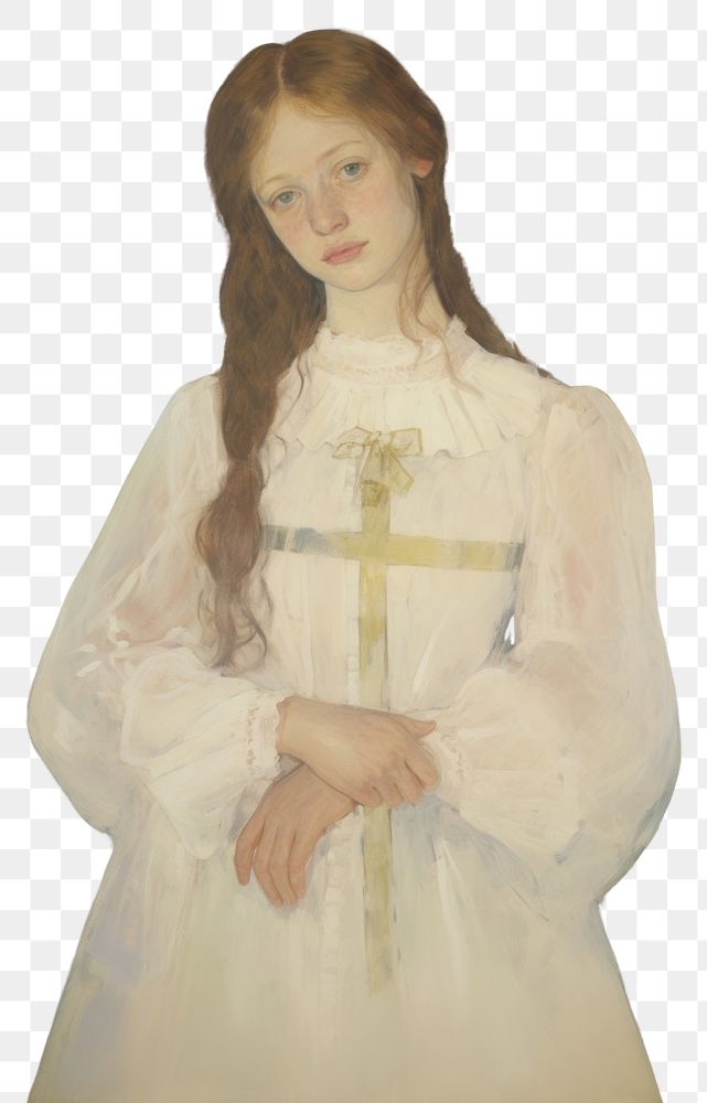 PNG A Christian girl in a white dress holding a Christ cross portrait painting adult.