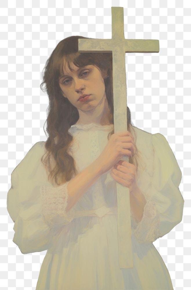 PNG A Christian person in a white dress holding a Christ cross portrait painting face.