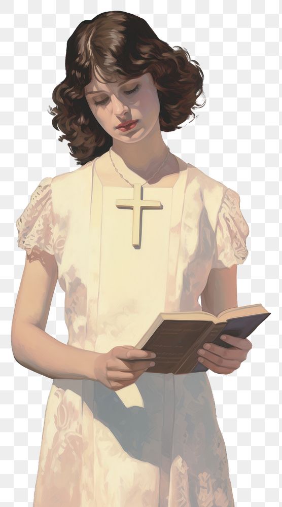 PNG A Christian person in a white dress holding a Christ cross necklace and a Bible book publication portrait reading.