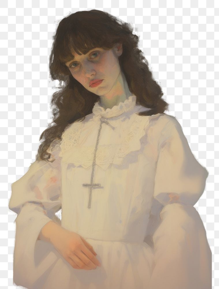 PNG A Christian person in a white dress holding a Christ cross necklace portrait painting fashion.