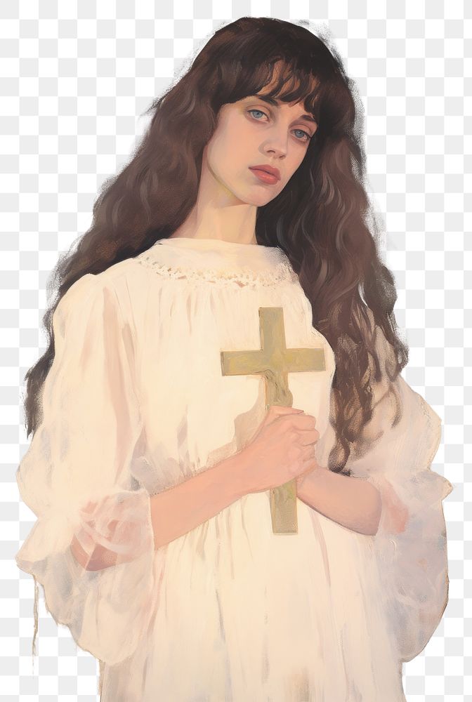 PNG A Christian person in a white dress holding a Christ cross portrait painting face.