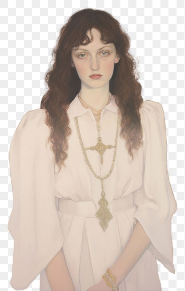 PNG A Christian person in a white dress holding a Christ cross necklace portrait painting jewelry.