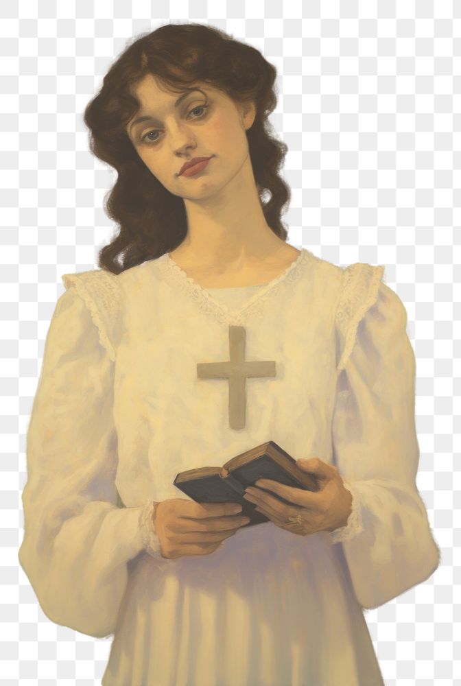 PNG A Christian person in a white dress holding a Christ cross necklace and a Bible book portrait painting text.