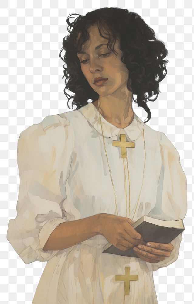 PNG A Christian person in a white dress holding a Christ cross necklace and a Bible book portrait painting adult.
