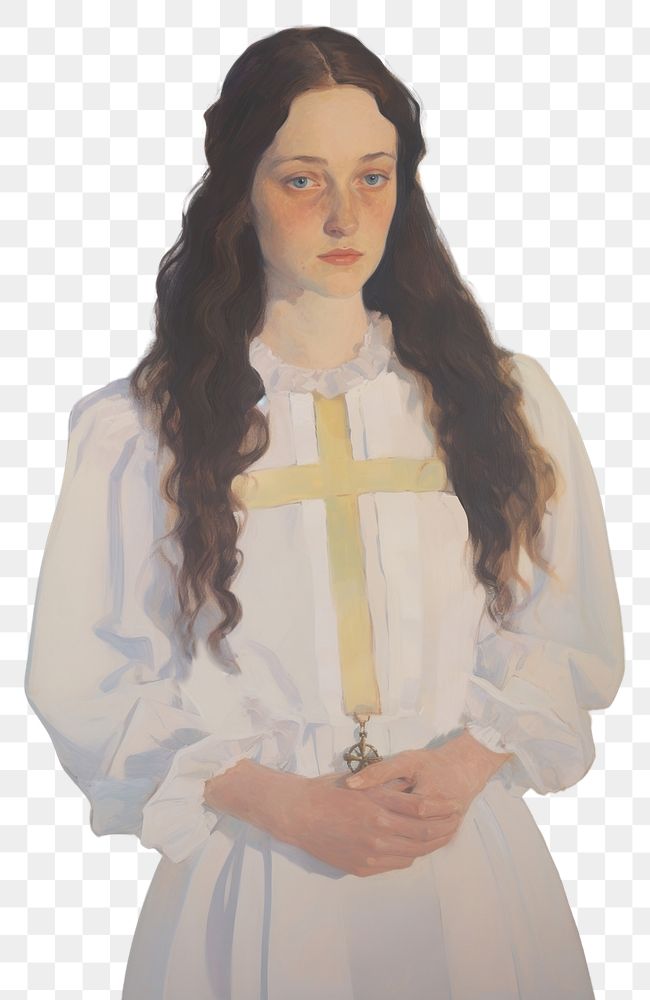 PNG A Christian person in a white dress holding a Christ cross necklace portrait painting face.