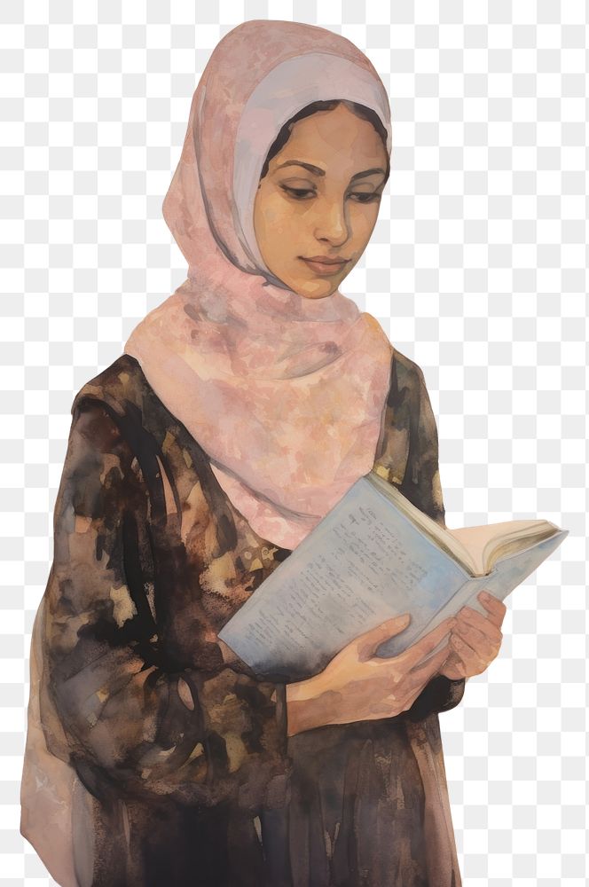 PNG A Muslim girl holding an Islamic Quran book painting portrait reading.