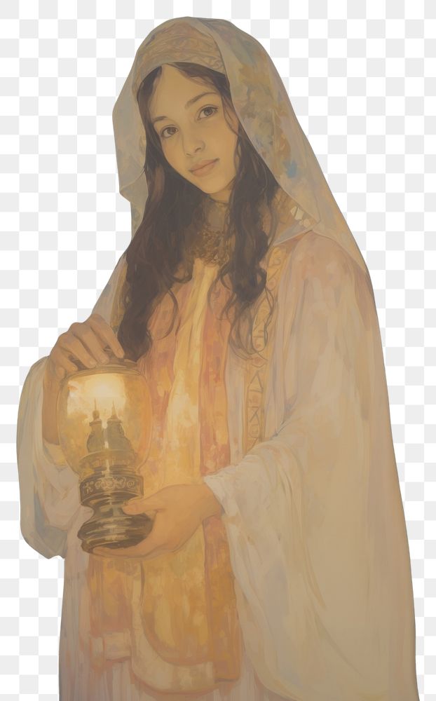 PNG A Muslim girl holding a Ramadan Islamic lantern portrait architecture painting.