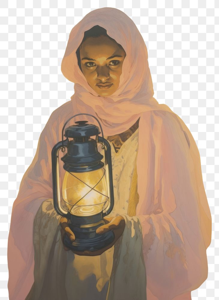 PNG A Muslim girl holding a Ramadan Islamic lantern portrait lamp art.