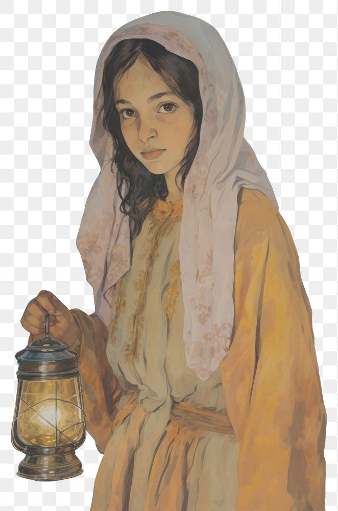 PNG A Muslim girl holding a Ramadan Islamic lantern portrait painting art.