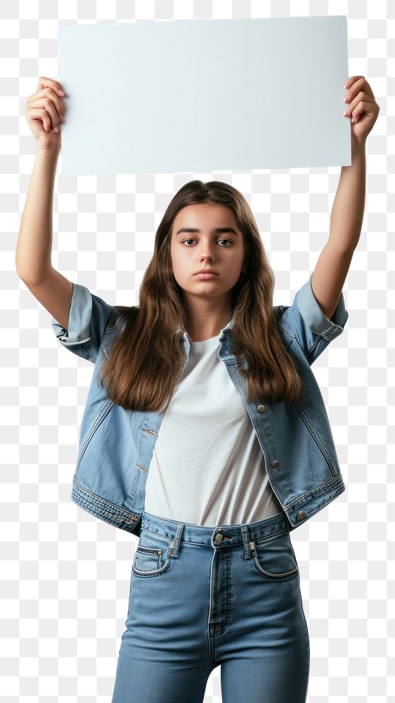 PNG Brave teen girl holding up a white paper sign portrait jeans photo.