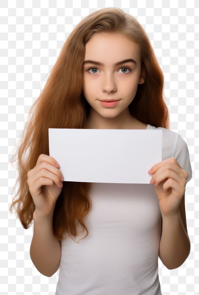 PNG Brave teen girl holding up a white paper sign portrait adult photo.