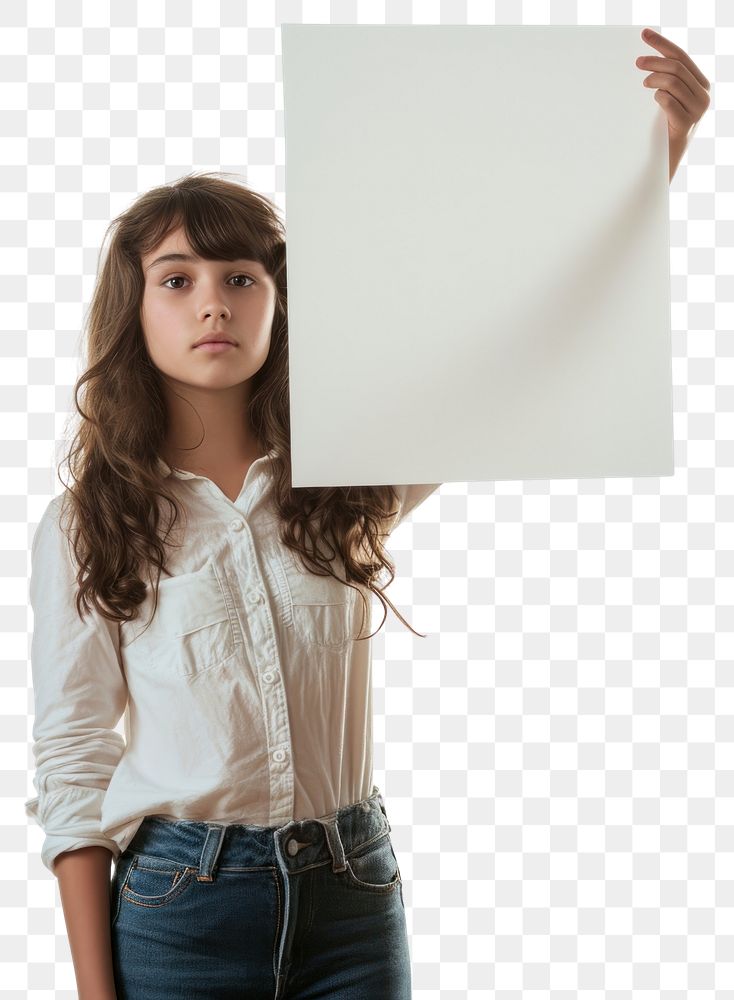 PNG Brave teen girl holding up a white paper sign portrait photo white background.
