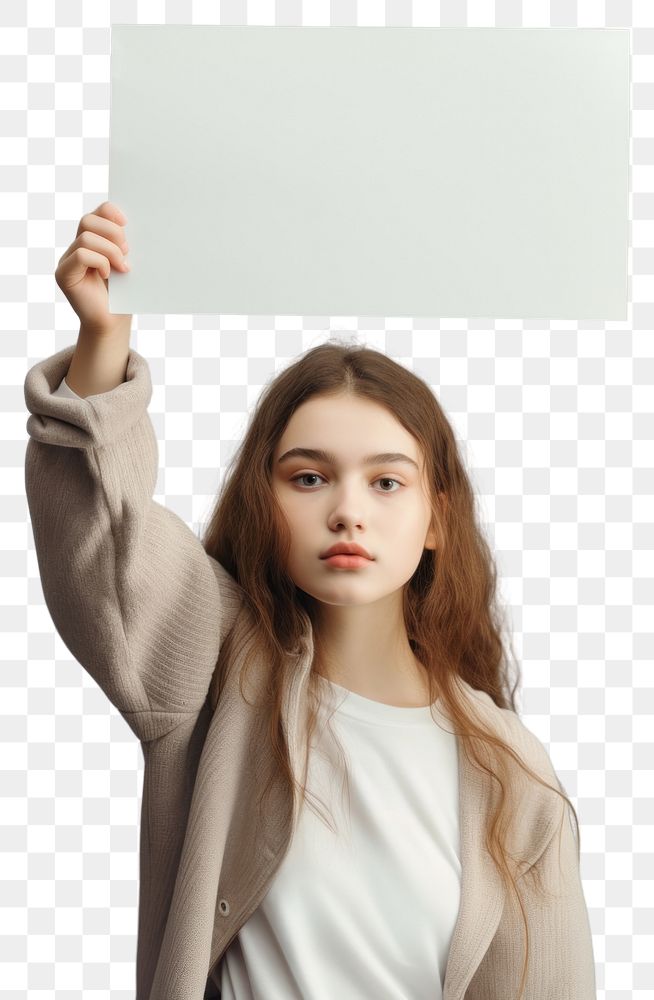 PNG Brave teen girl holding up a white paper sign portrait photo white background.