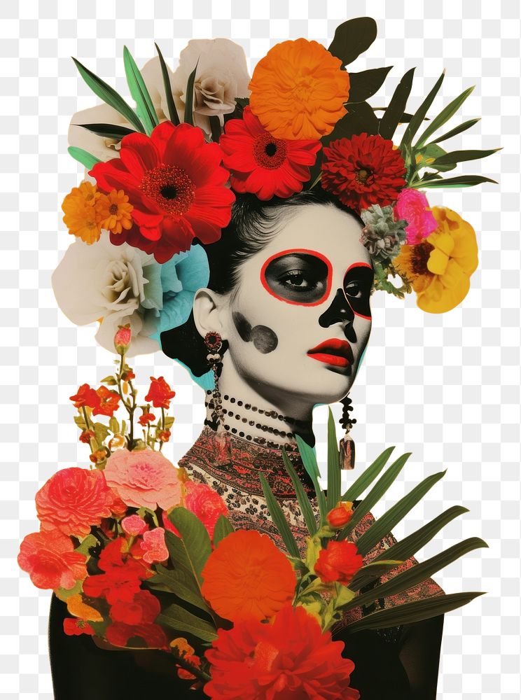 PNG A Mexican woman elegantly adorned in Day of the Dead makeup flower photography asteraceae.
