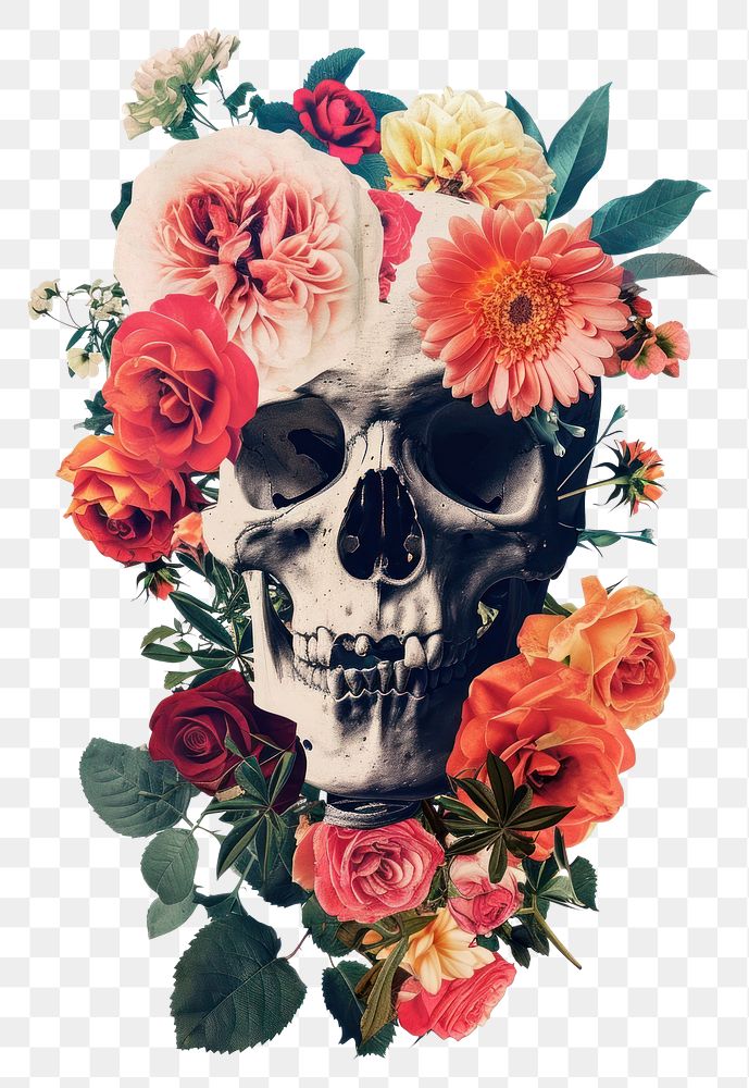 PNG A Skull flower rose painting.