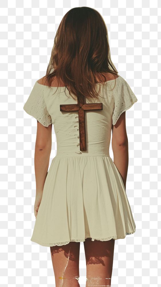 PNG A Christian girl in a white dress holding a Christ cross skirt architecture hairstyle.