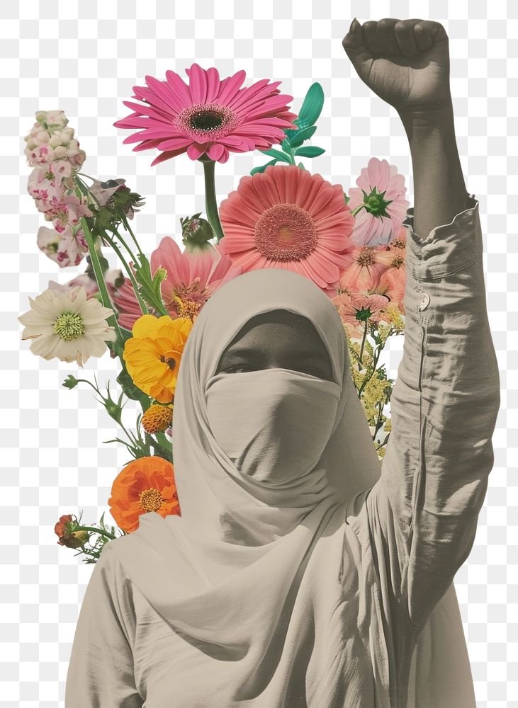 PNG A brave Muslim girl raising her fist with flowers portrait painting plant.