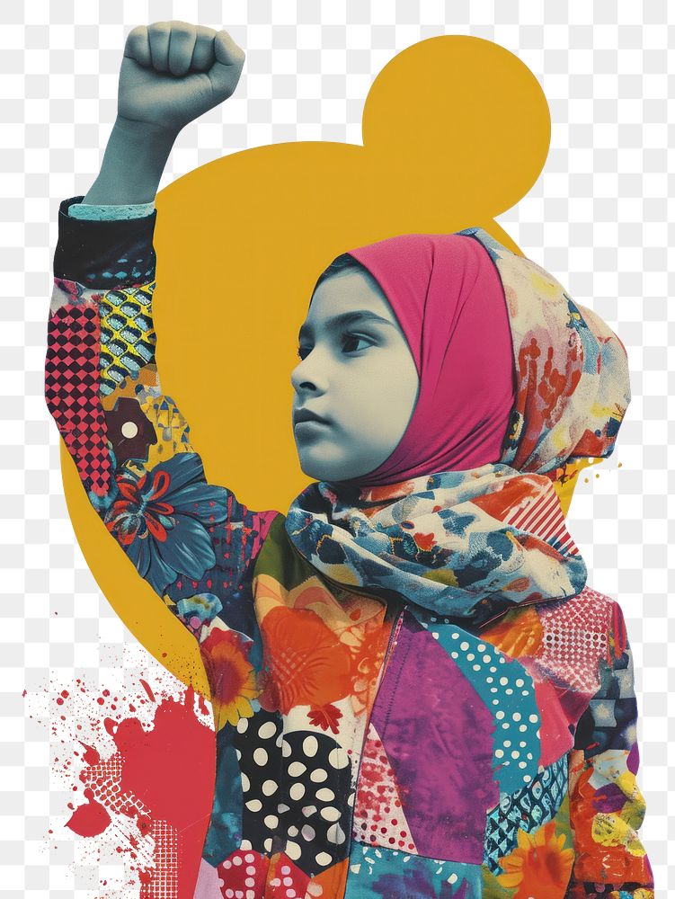 PNG A brave Muslim girl raising her fist collage adult representation.