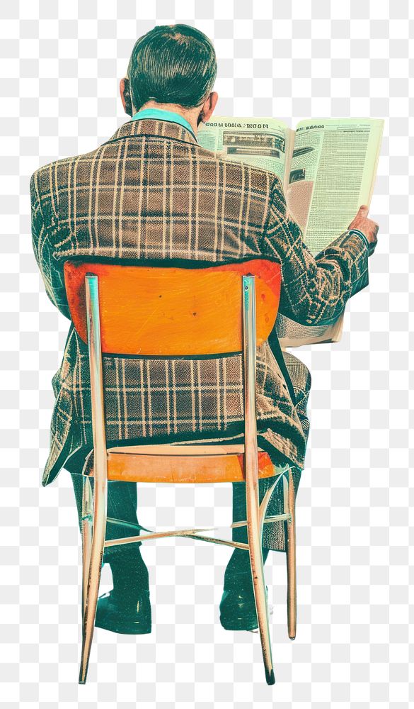 PNG A business man reading newspaper on chair furniture sitting adult.