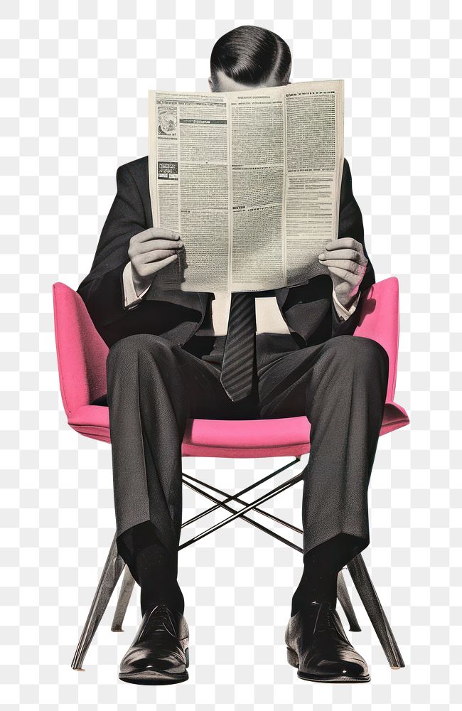 PNG A business man reading newspaper on chair sitting publication relaxation.