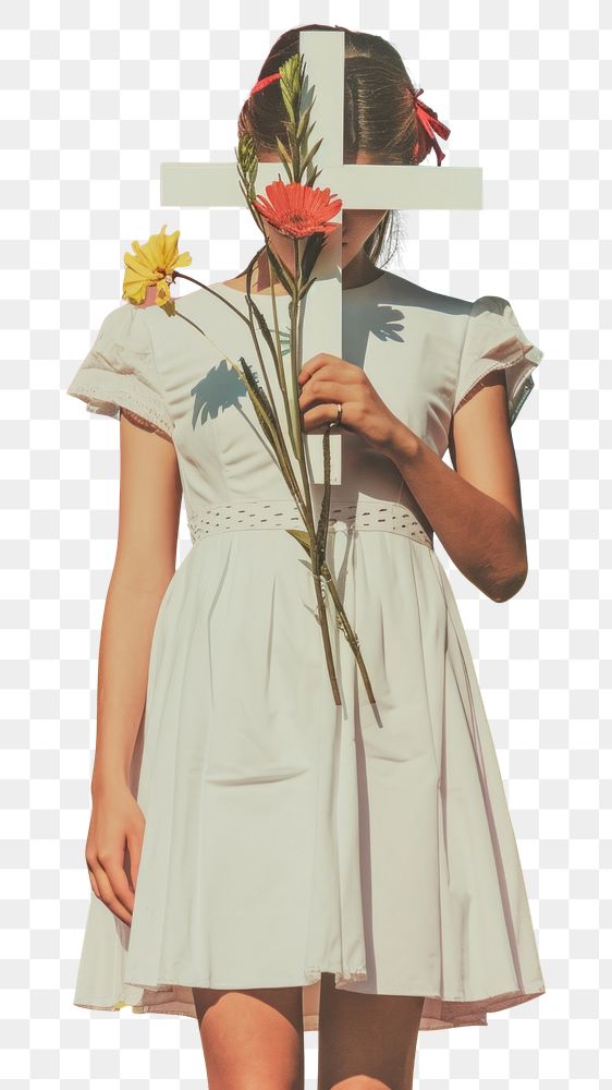 PNG A girl in a white dress holding a Christ cross flower plant creativity.