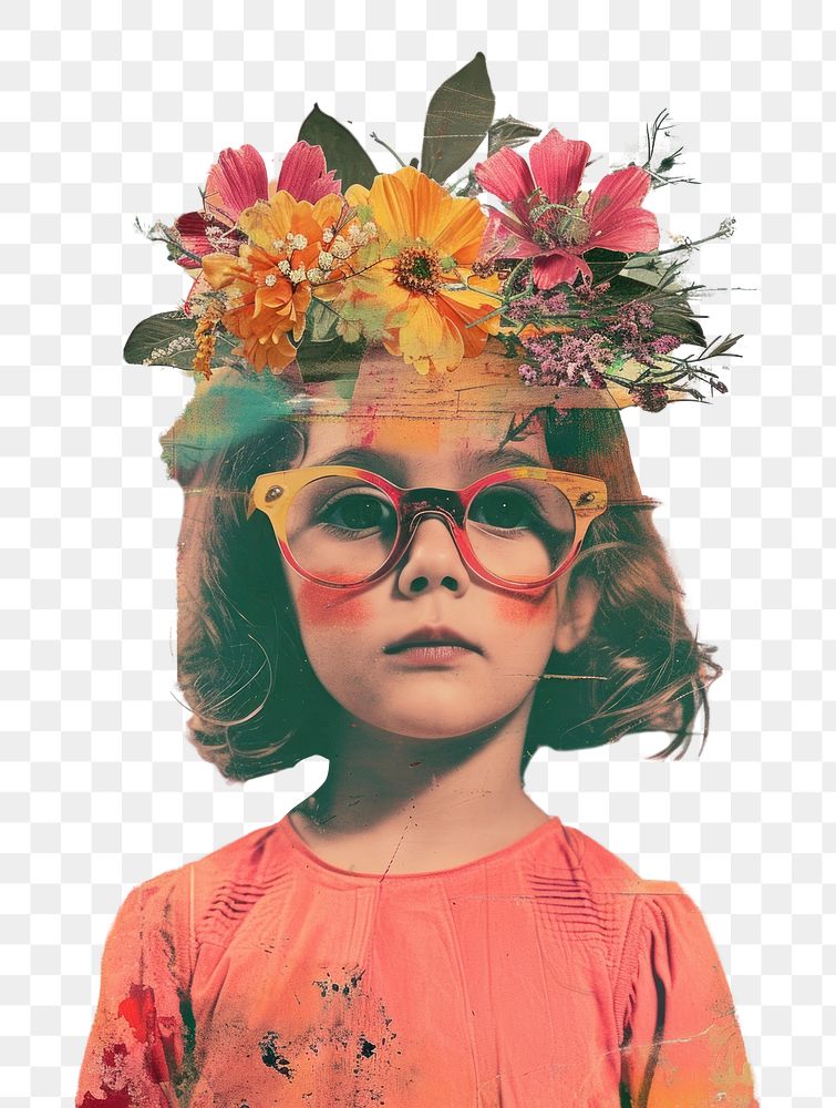 PNG An American little girl wearing glasses and a flower crown collage accessories photography.