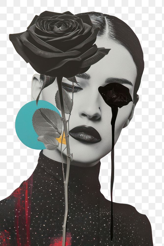 PNG Woman is depicted with black mascara running down her face due to tears rose painting blossom.