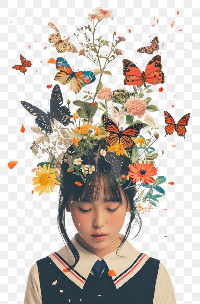 PNG Japanese girl in School uniform portrait flower butterfly.
