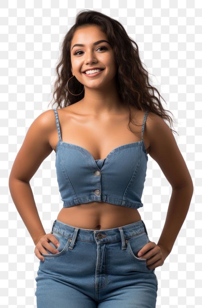 PNG A young Latina Peruvian woman stands poised in a crop top denim smile portrait.