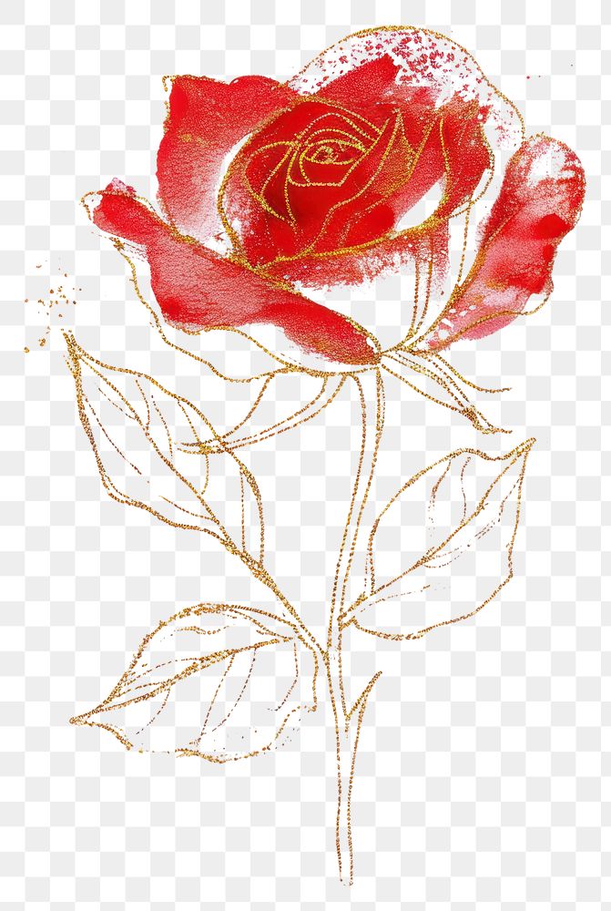 PNG  Golden glitter outline stroke with red watercolor rose painting pattern drawing.