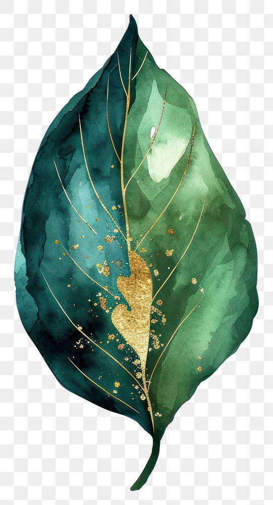 PNG  Green watercolor painting of leaft with gold glitter outline sketch line stroke plant tobacco nature.