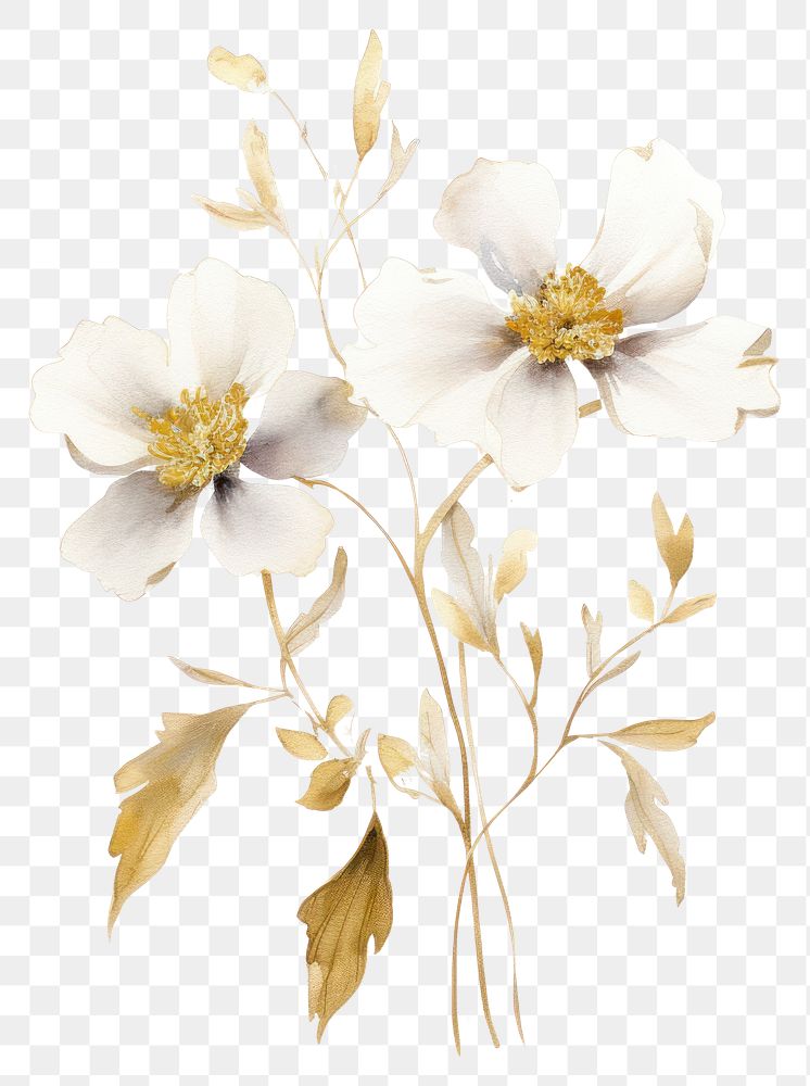 PNG  Flowers watercolors painted and golden outline of the opened petal plant white.