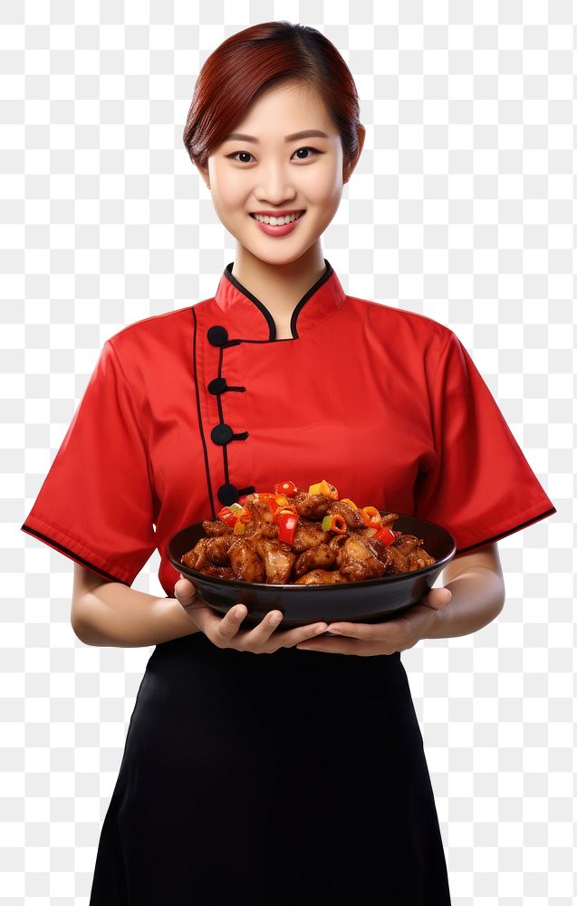 PNG Chinese woman holding Kung Pao Chicken food adult chef white background.