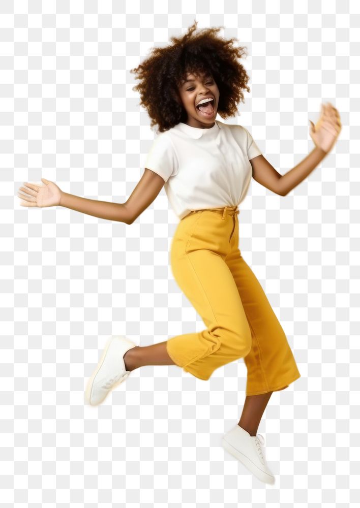 PNG  Happy cheerful african american woman dancing jumping fun.