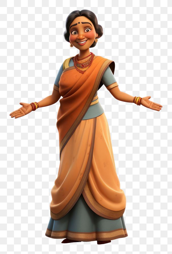 PNG 3d cartoon indian middleaged woman realistic figurine adult white background.