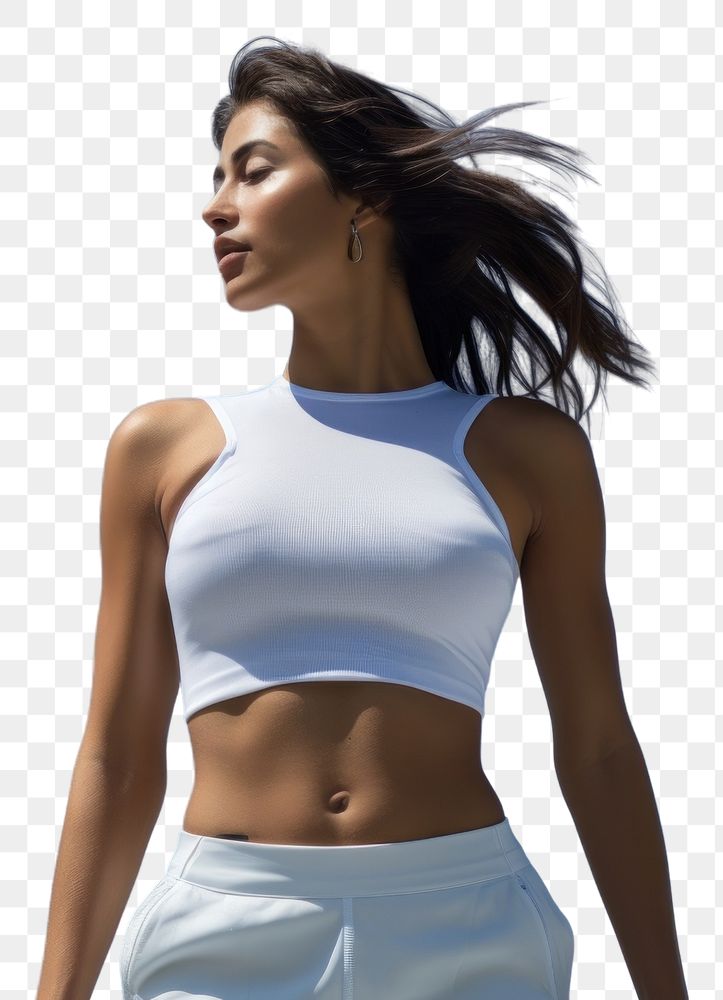 PNG Close up white top fitness outfit adult blue sky.